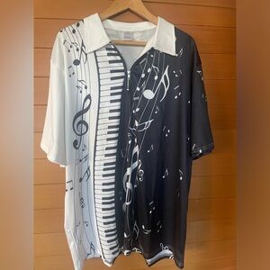 I LOVE PIANO SHIRT 3XL Mens Black & White Music Notes Keys Short Sleeve Zipper